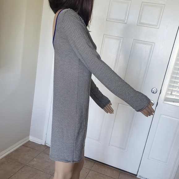 Everly L shift dress striped low scoop back slip on blue piping - Picture 6 of 8